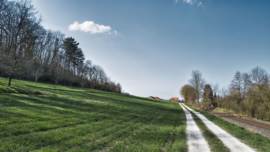 Empty road amidst field against sky