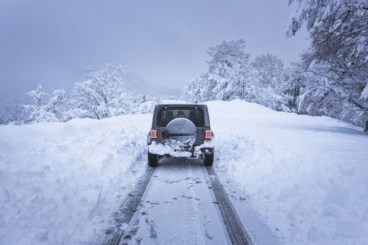 4x4 in snowy road inside a forest