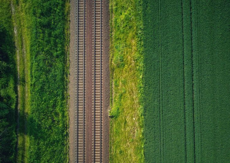 Scenic view of agricultural field and a train track from  high above 