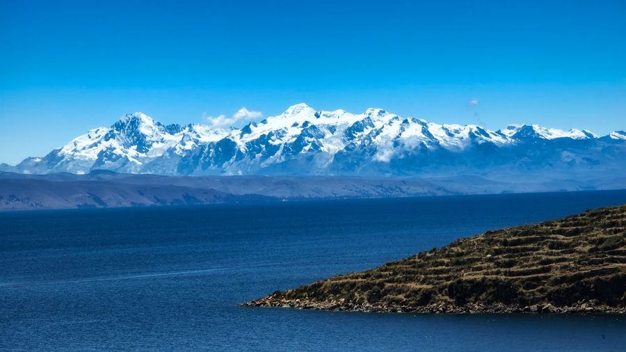 Scenic view of lake titicaca against clear blue sky