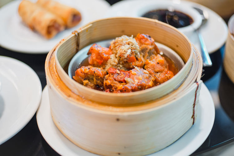 Close-up of chinese dumplings on table