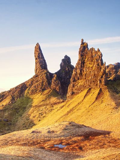 Scottish rocky landscape in skye isle. old man of storr. mystery around the landmark.