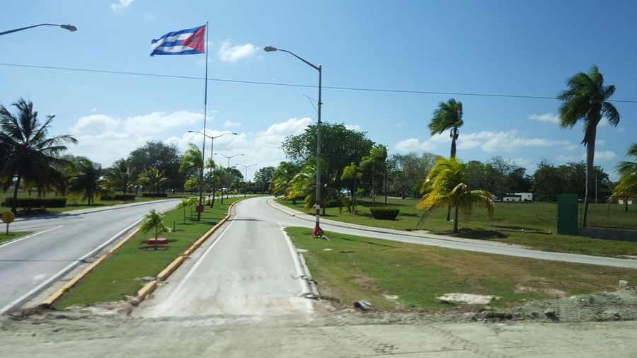 Road and palm trees against sky
