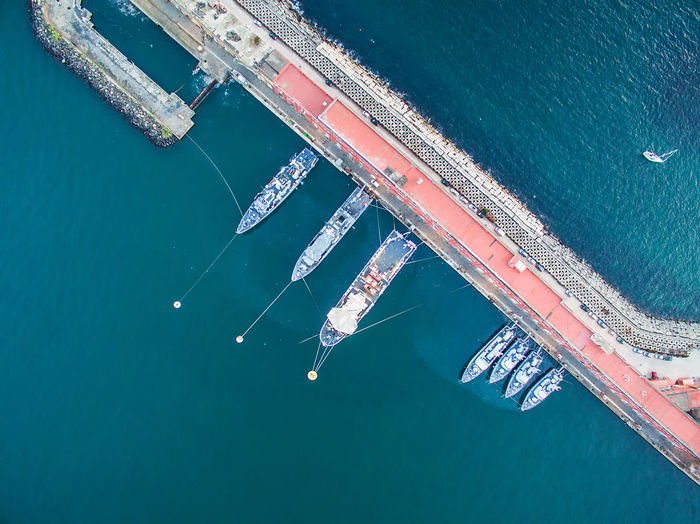 High angle view of boats moored on sea