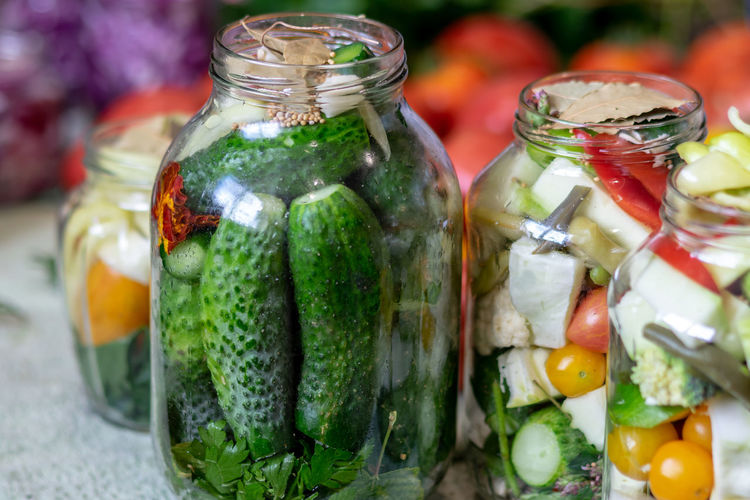 Close-up of vegetables for sale in jar