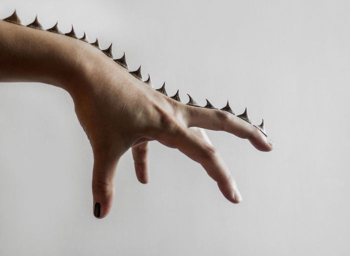 Close-up of woman hand with thorn against white background