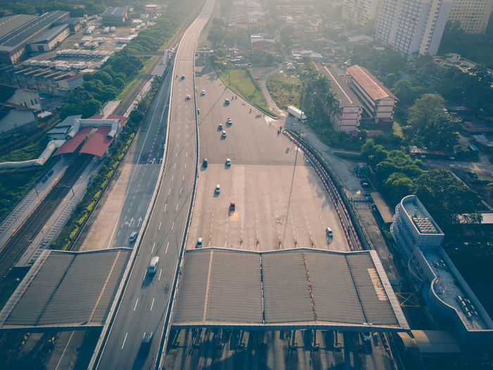 Morning aerial view over busy highway
