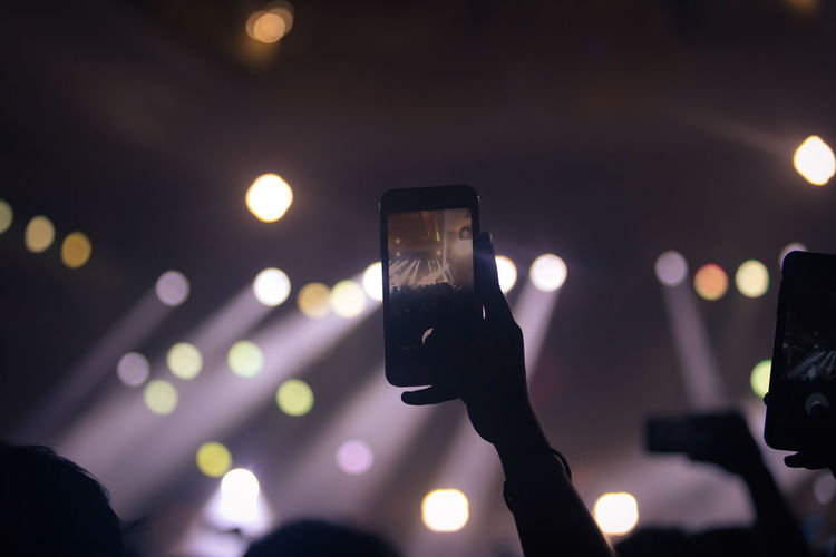 Silhouette people enjoying music concert at night