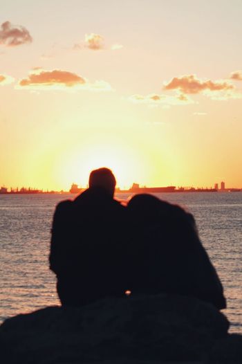 Rear view of man sitting on rock at sunset