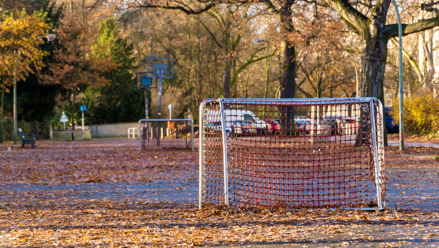 Empty soccer field in park during autumn