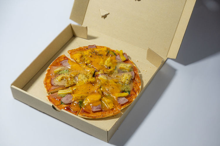 High angle view of pizza in box