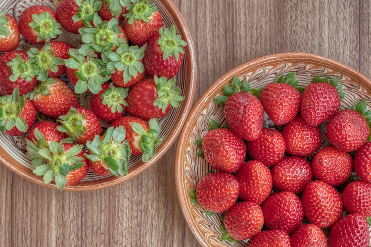 High angle view of strawberries in basket
