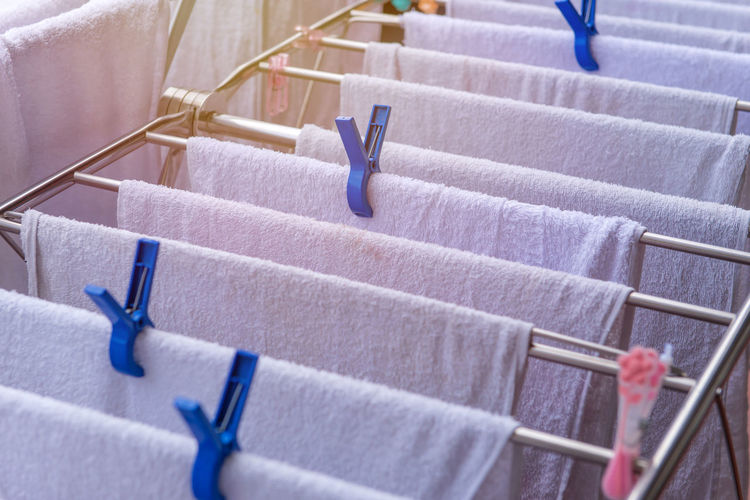 High angle view of clothes drying on rack