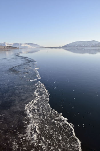 Landscape of a half frozen lake.