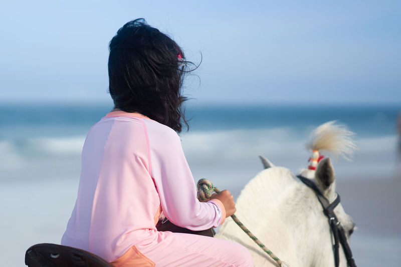 Rear view of girl sitting on horse on beach against sky