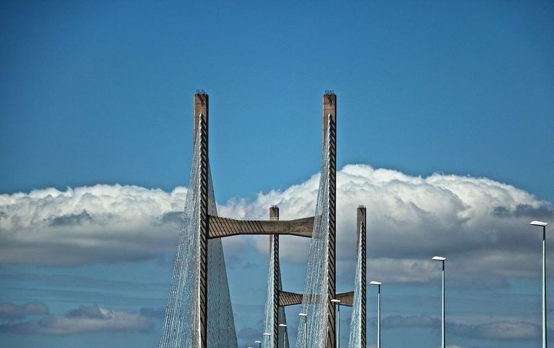High section of second severn crossing bridge against cumulus clouds