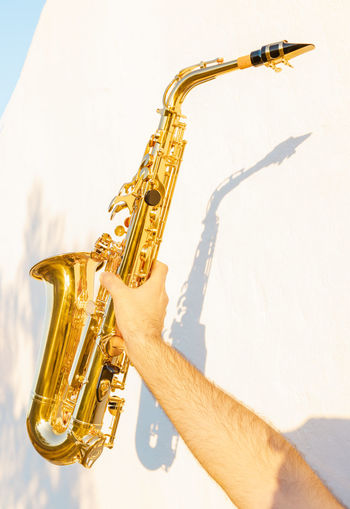 Cropped hand of man holding saxophone