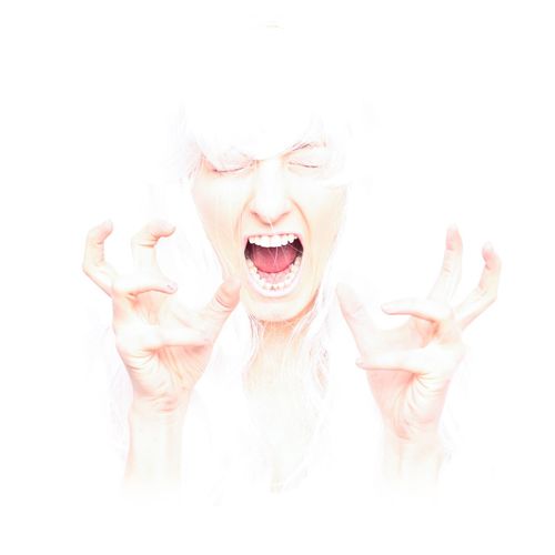 Digital composite image of frustrated woman screaming against white background