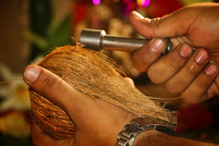 Close-up of man tapping coconut with equipment