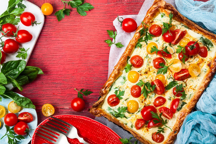 Deliciously simple tomato tart made with puff pastry, red and yellow cherry tomatoes,