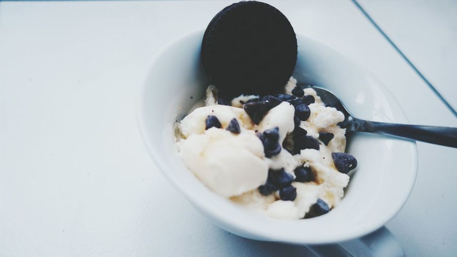 Close-up high angle view of ice cream in bowl