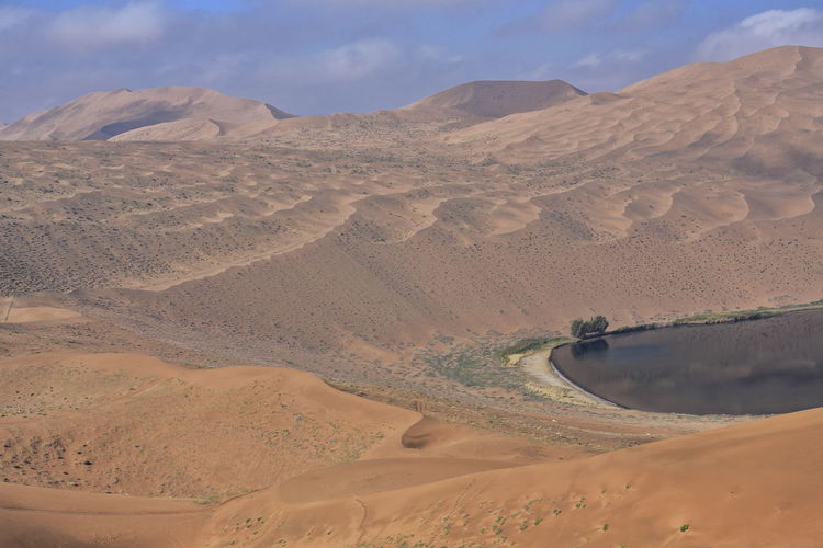1162 sumu barun jaran lake in badain jaran desert-dark water reflecting cloudy sky and dunes. china.