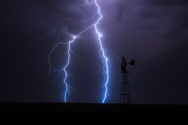 A powerful lightning strike illuminates a windmill silhouette during a thunderstorm in colorado.
