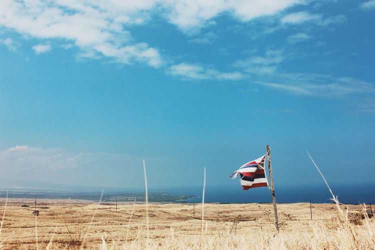 Flag waving on landscape against blue sky