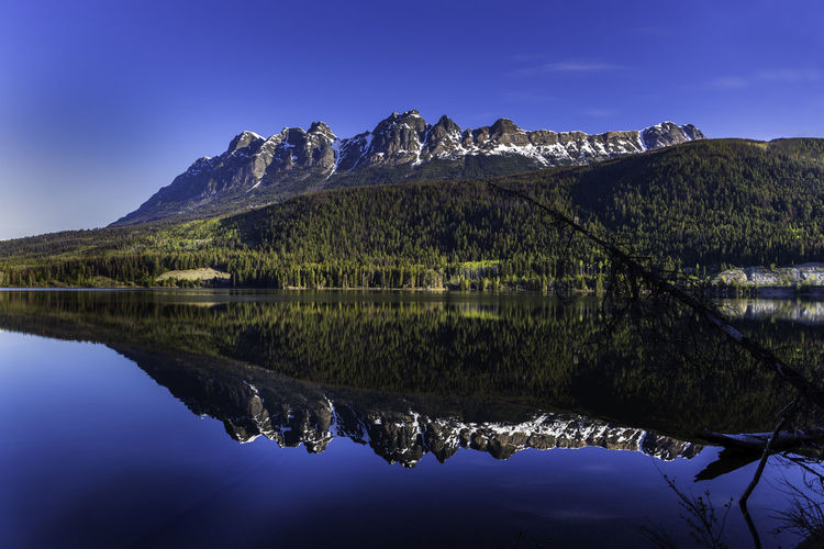 Reflection of mountain in lake against blue sky