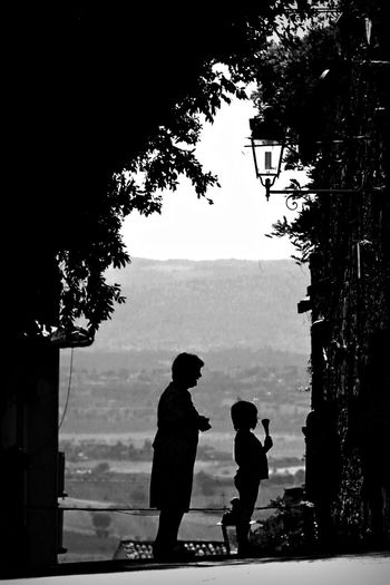 Silhouette children standing by tree against clear sky