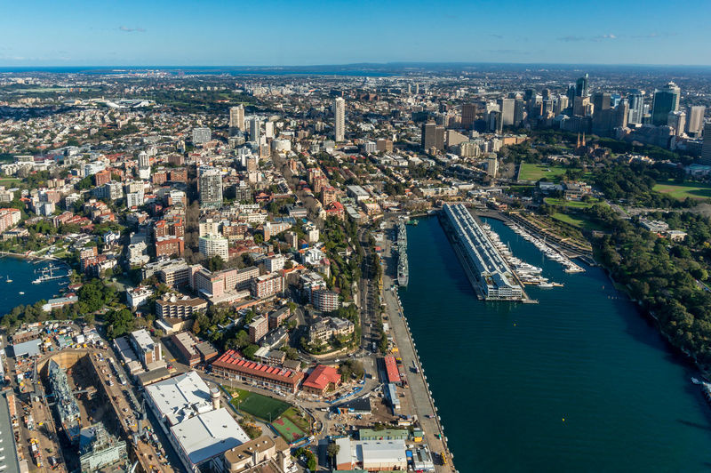 Aerial view of sydney business district and suburbs. modern city view from above with harbour