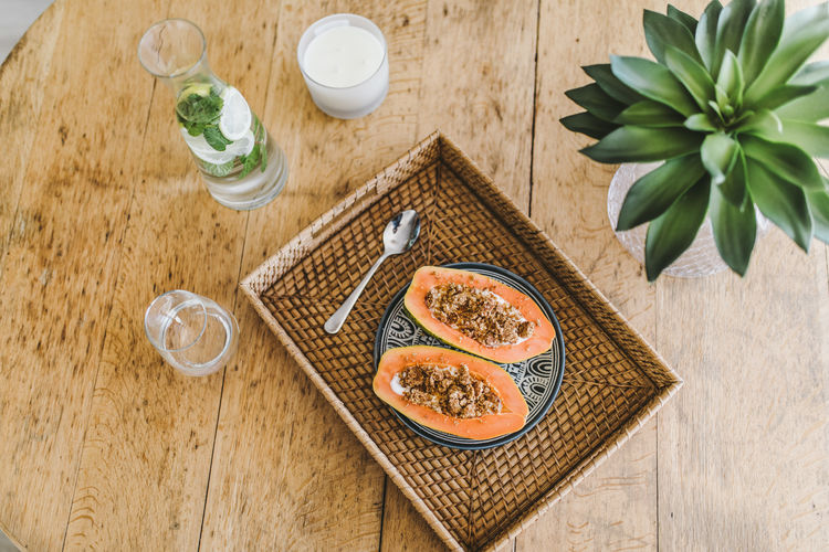 High angle view of food served on table