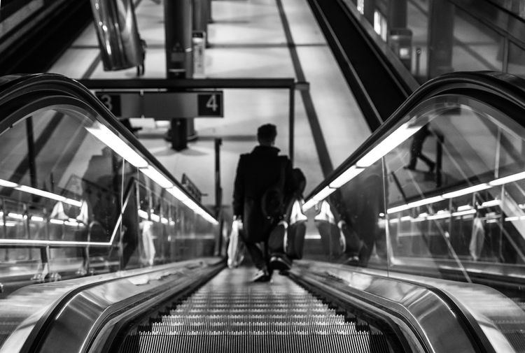 High angle view man on escalator