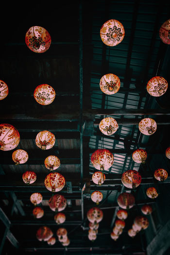 High angle view of various fruits hanging on ceiling