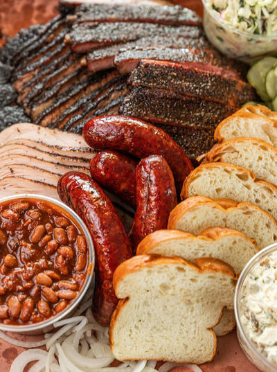 Barbecue tray full of smoked meats