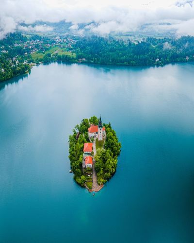 Island with a church in a lake