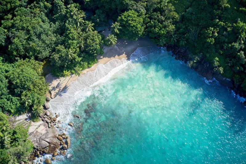 Drone field of view of secret cove, sea and forest mahe, seychelles.