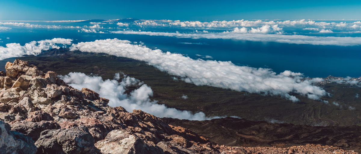 Scenic view of sea and mountains against sky