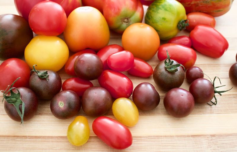 High angle view of various tomatoes on table