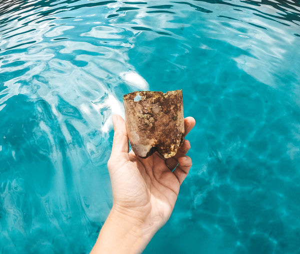 Person holding plastic bottle with coral picked up from the ocean