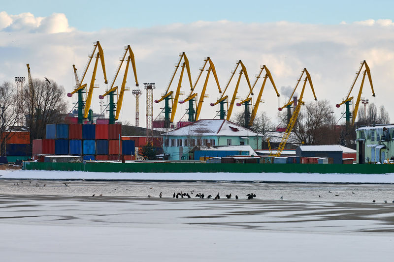 Massive harbor cranes in seaport. heavy load dockside cranes in port, cargo container ship terminal