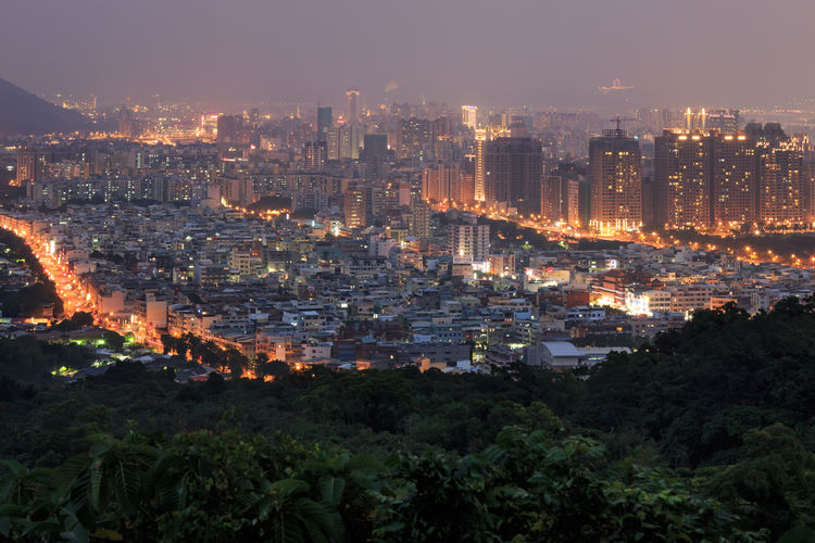 High angle shot of illuminated townscape