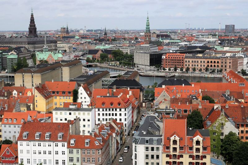High angle view of cityscape and spires of copenhagen