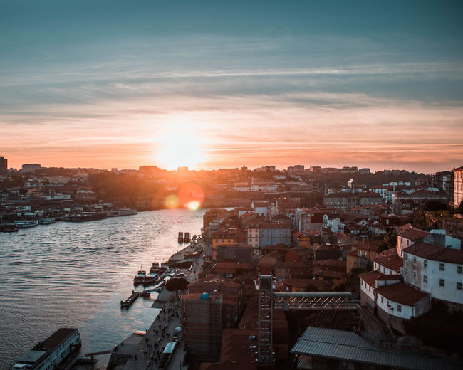 High angle view of townscape against sky during sunset