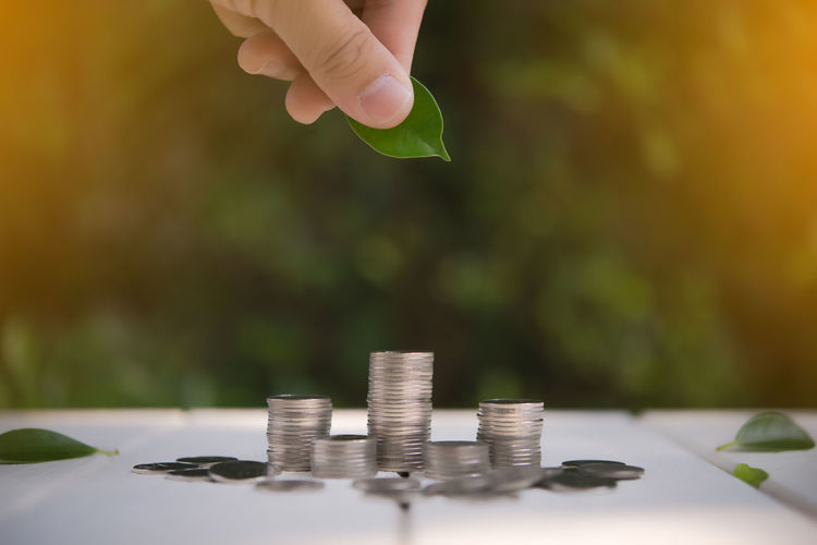 Cropped hand holding leaf over stacked coins on table