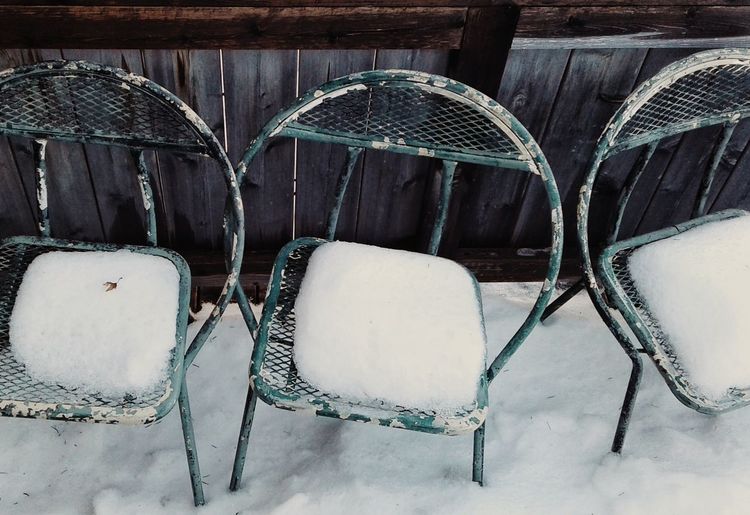 Close-up of empty chairs on snow covered land