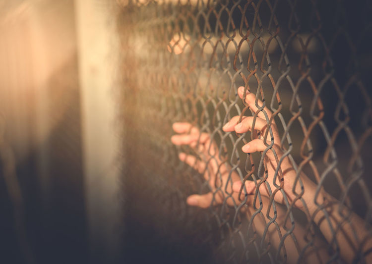 Close-up of chainlink fence against wall