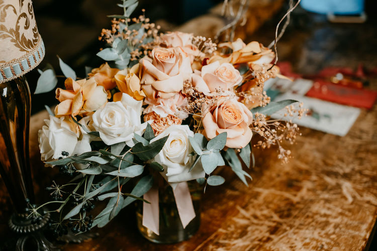 High angle view of rose bouquet on table