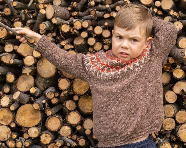 Portrait of boy in stack of logs in forest