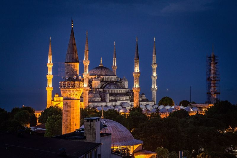 Blue mosque in turkey lit up at night